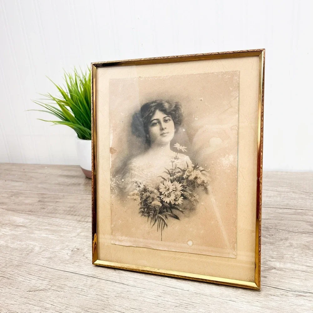 Vintage Photograph of a‎ Woman in Brass Frame 8x10
